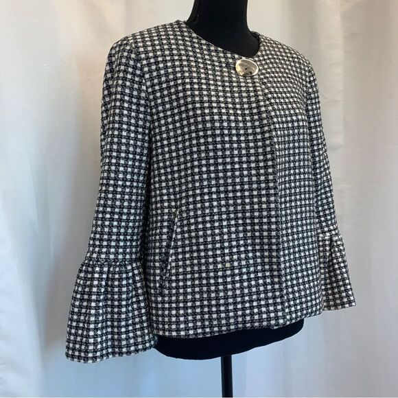 𝅺ZARA tweed plaid check black white bell sleeve jacket Sz M - Picture 3 of 15